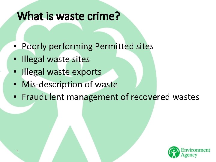 What is waste crime? • • • 4 Poorly performing Permitted sites Illegal waste