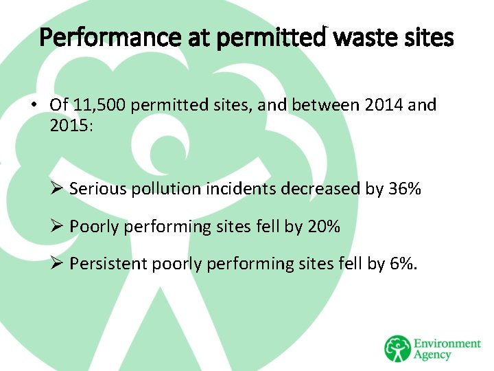 Performance at permitted waste sites • Of 11, 500 permitted sites, and between 2014