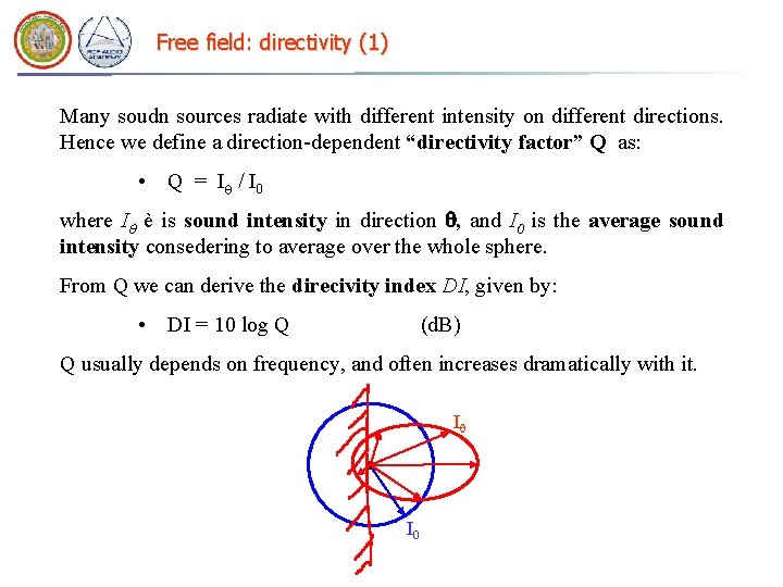 Free field: directivity (1) Many soudn sources radiate with different intensity on different directions.