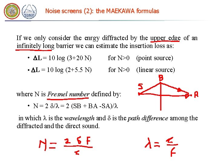 Noise screens (2): the MAEKAWA formulas If we only consider the enrgy diffracted by