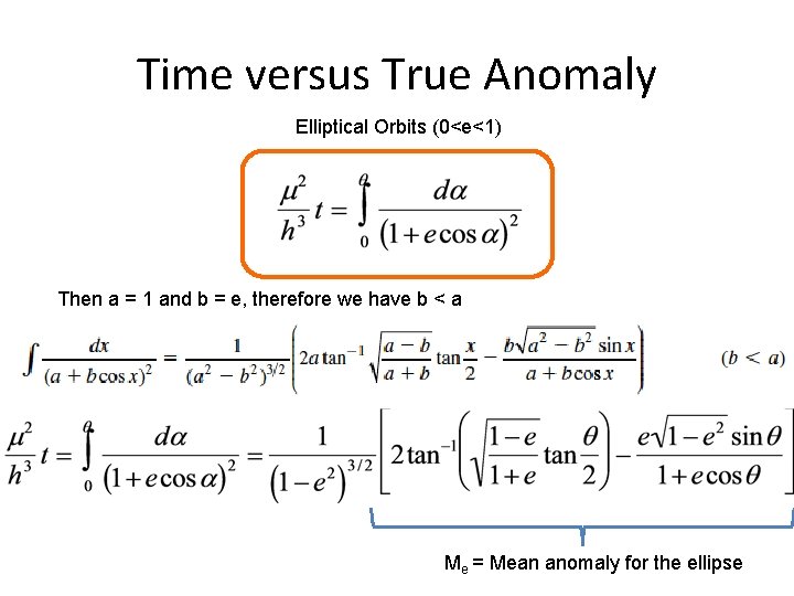Time versus True Anomaly Elliptical Orbits (0<e<1) Then a = 1 and b =