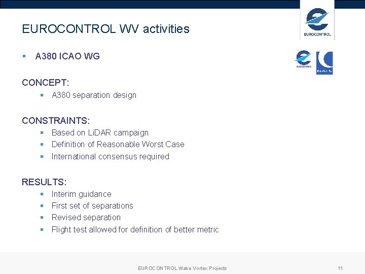 EUROCONTROL WV activities § A 380 ICAO WG CONCEPT: § A 380 separation design