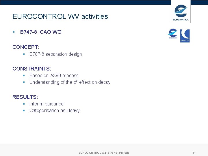 EUROCONTROL WV activities § B 747 -8 ICAO WG CONCEPT: § B 787 -8