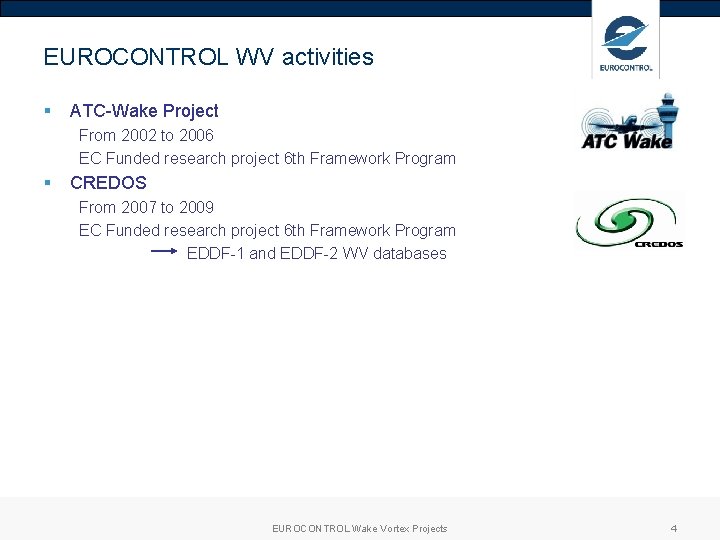 EUROCONTROL WV activities § ATC-Wake Project From 2002 to 2006 EC Funded research project