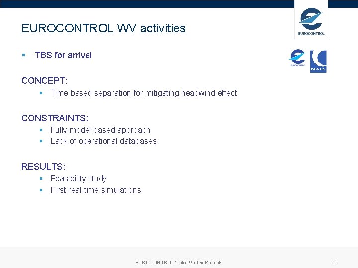 EUROCONTROL WV activities § TBS for arrival CONCEPT: § Time based separation for mitigating