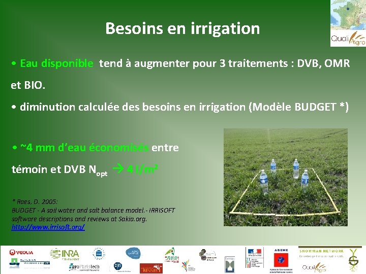Besoins en irrigation • Eau disponible tend à augmenter pour 3 traitements : DVB,