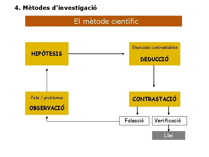 4. Mètodes d'investigació El mètode científic HIPÒTESIS Fets / problemes Enunciats contrastables DEDUCCIÓ CONTRASTACIÓ