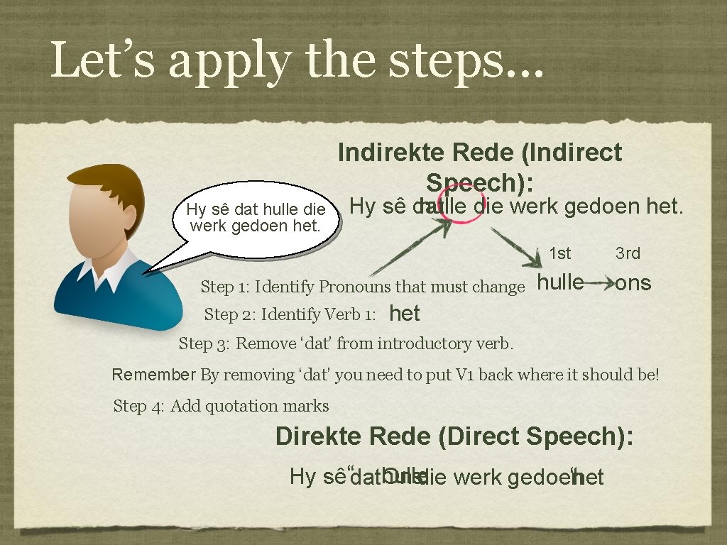 Let’s apply the steps. . . Indirekte Rede (Indirect Speech): Hy sê dat hulle
