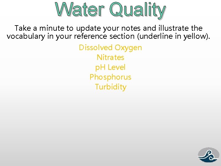 Water Quality Take a minute to update your notes and illustrate the vocabulary in