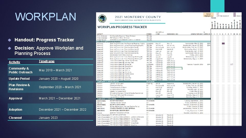 WORKPLAN Handout: Progress Tracker Decision: Approve Workplan and Planning Process Activity Timeframe Community &