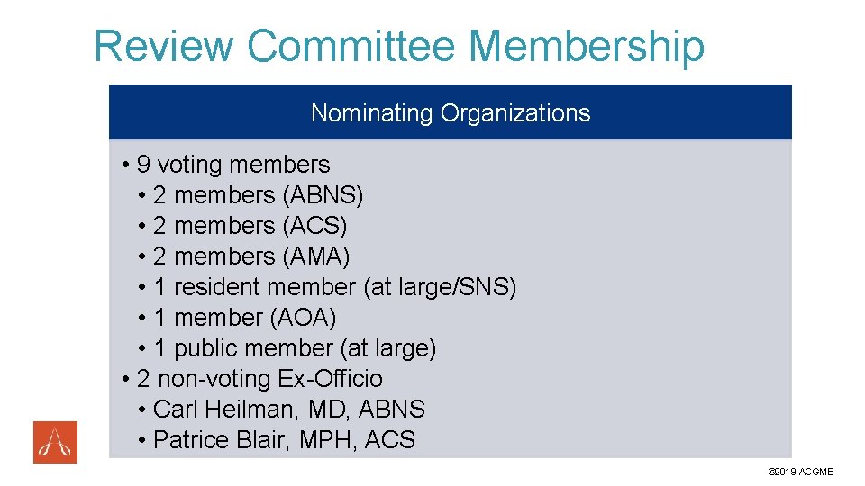Review Committee Membership Nominating Organizations • 9 voting members • 2 members (ABNS) •