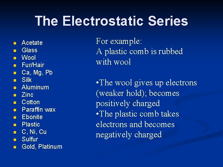 The Electrostatic Series n n n n Acetate Glass Wool Fur/Hair Ca, Mg, Pb