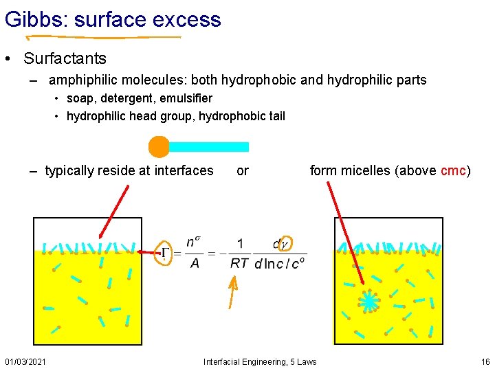 Gibbs: surface excess • Surfactants – amphiphilic molecules: both hydrophobic and hydrophilic parts •
