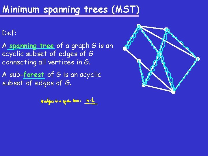 Minimum spanning trees (MST) Def: A spanning tree of a graph G is an