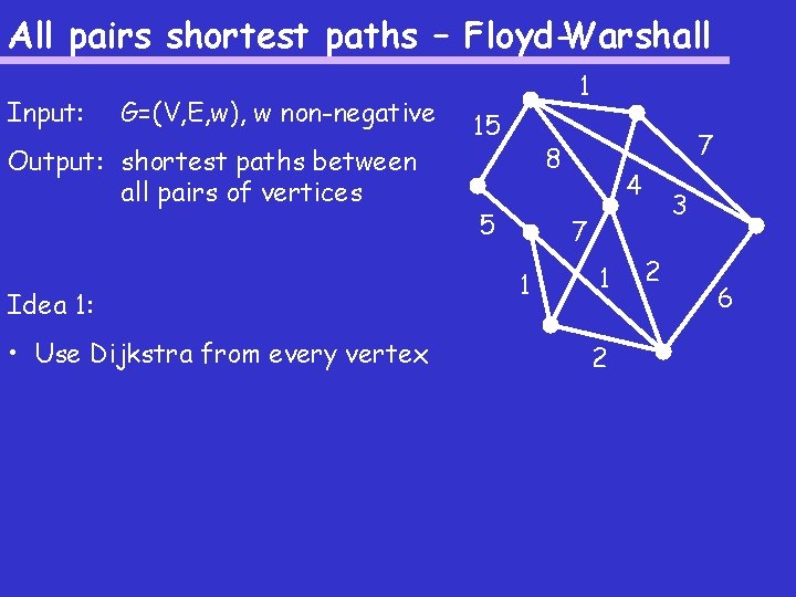 All pairs shortest paths – Floyd-Warshall Input: G=(V, E, w), w non-negative Output: shortest