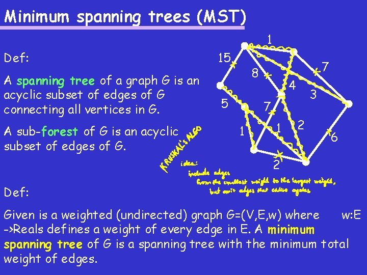 Minimum spanning trees (MST) 1 Def: A spanning tree of a graph G is