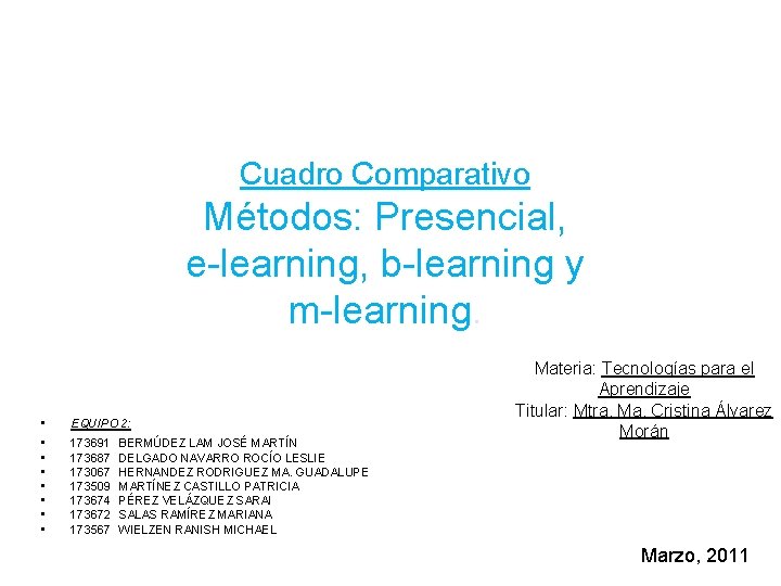 Cuadro Comparativo Métodos: Presencial, e-learning, b-learning y m-learning. • EQUIPO 2: • • 173691