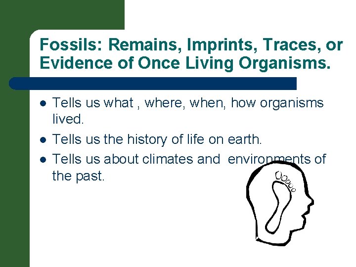 Fossils: Remains, Imprints, Traces, or Evidence of Once Living Organisms. l l l Tells