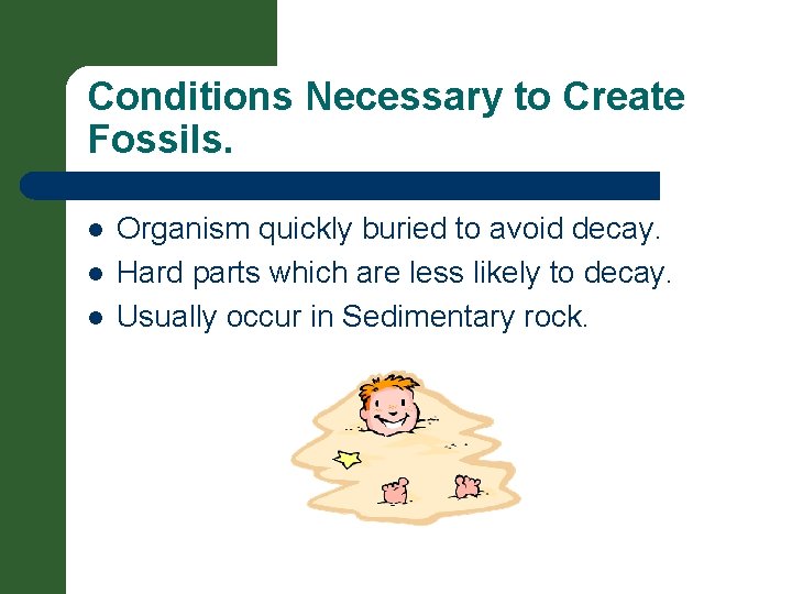 Conditions Necessary to Create Fossils. l l l Organism quickly buried to avoid decay.