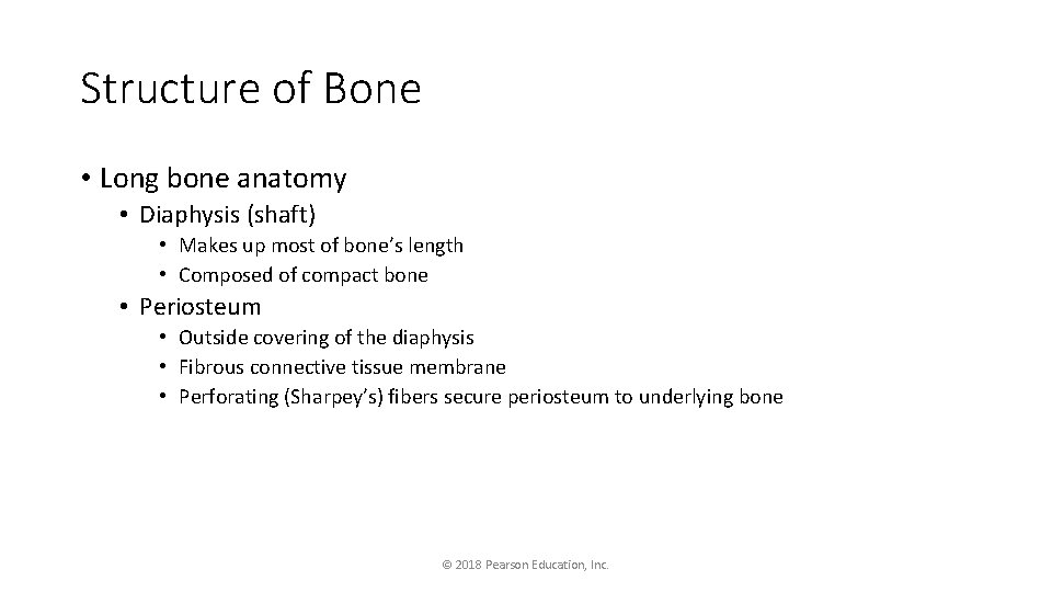Structure of Bone • Long bone anatomy • Diaphysis (shaft) • Makes up most