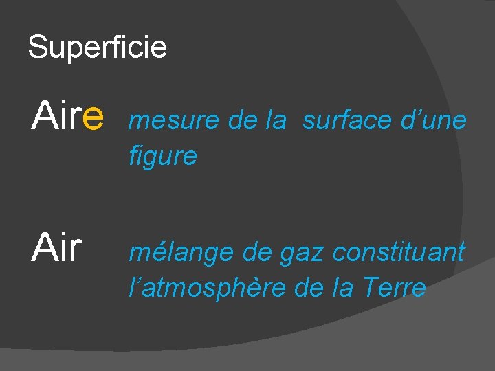 Superficie Aire mesure de la surface d’une figure Air mélange de gaz constituant l’atmosphère