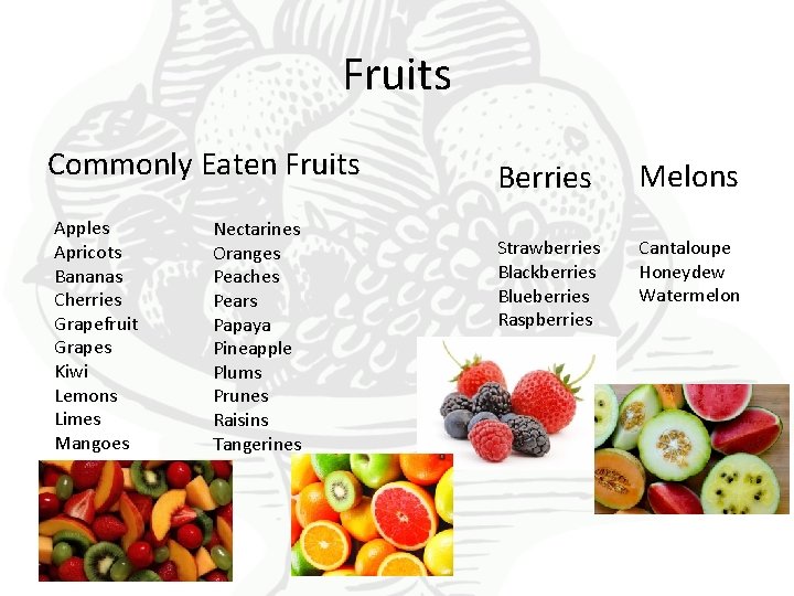 Fruits Commonly Eaten Fruits Apples Apricots Bananas Cherries Grapefruit Grapes Kiwi Lemons Limes Mangoes Fruits Commonly Eaten Fruits Apples Apricots Bananas Cherries Grapefruit Grapes Kiwi Lemons Limes Mangoes