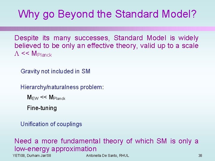 Why go Beyond the Standard Model? Despite its many successes, Standard Model is widely