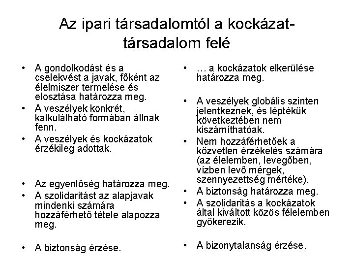 Az ipari társadalomtól a kockázattársadalom felé • A gondolkodást és a cselekvést a javak,