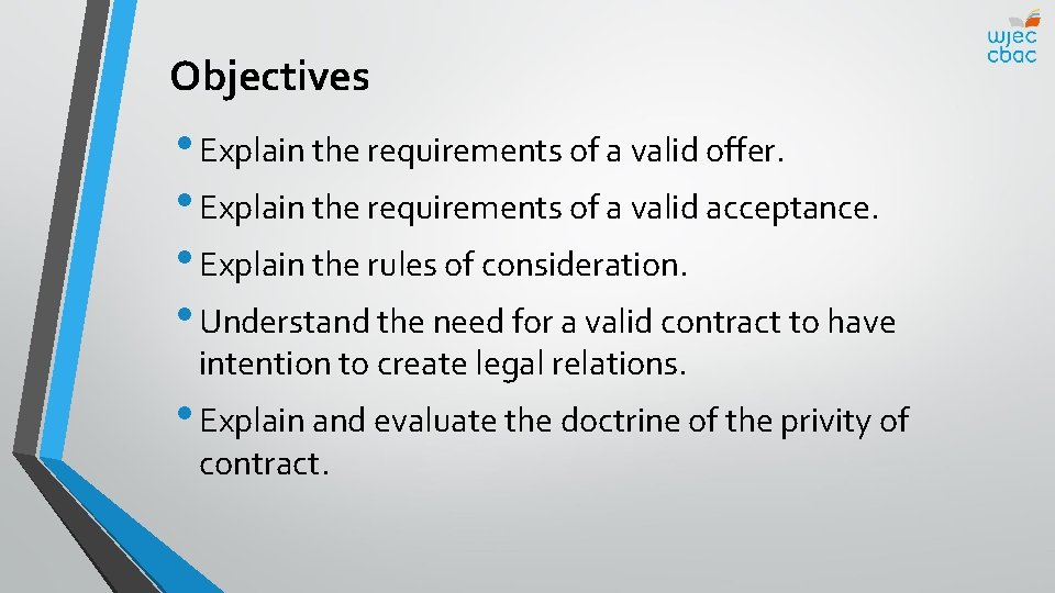 Objectives • Explain the requirements of a valid offer. • Explain the requirements of