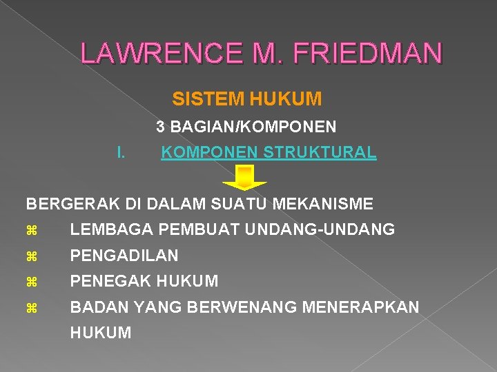 LAWRENCE M. FRIEDMAN SISTEM HUKUM 3 BAGIAN/KOMPONEN I. KOMPONEN STRUKTURAL BERGERAK DI DALAM SUATU LAWRENCE M. FRIEDMAN SISTEM HUKUM 3 BAGIAN/KOMPONEN I. KOMPONEN STRUKTURAL BERGERAK DI DALAM SUATU
