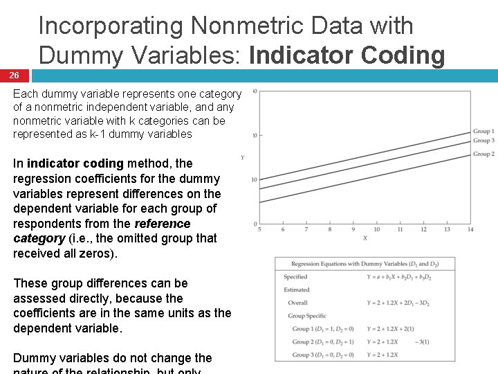 Incorporating Nonmetric Data with Dummy Variables: Indicator Coding 26 Each dummy variable represents one