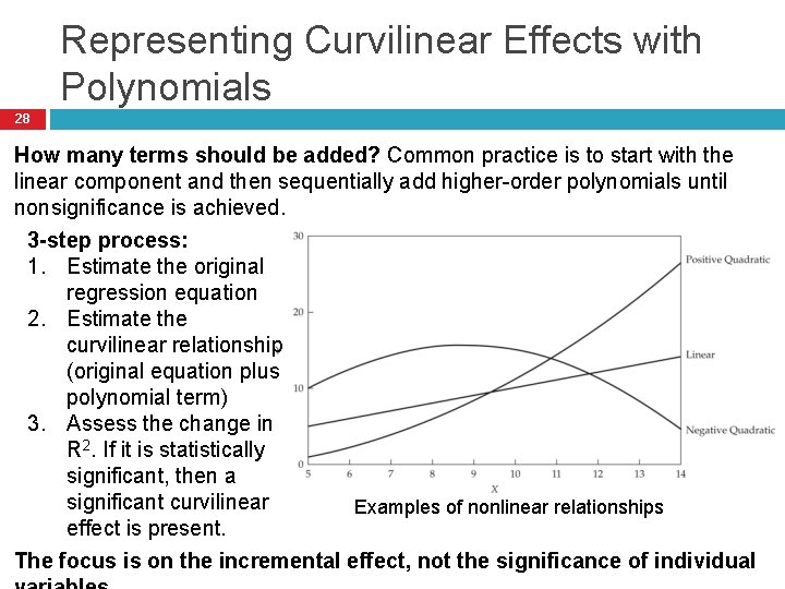 Representing Curvilinear Effects with Polynomials 28 How many terms should be added? Common practice