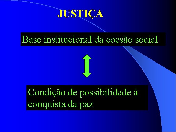 JUSTIÇA Base institucional da coesão social Condição de possibilidade à conquista da paz 