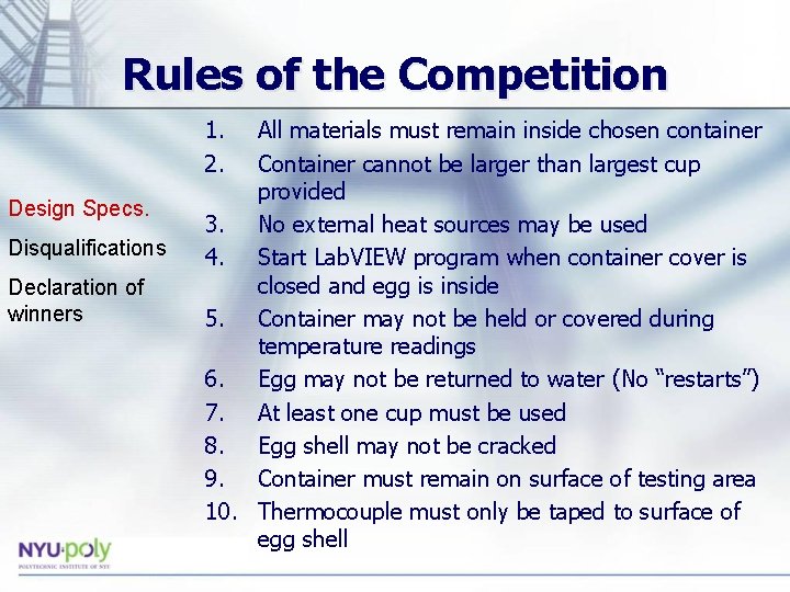 Rules of the Competition 1. 2. Design Specs. Disqualifications Declaration of winners All materials