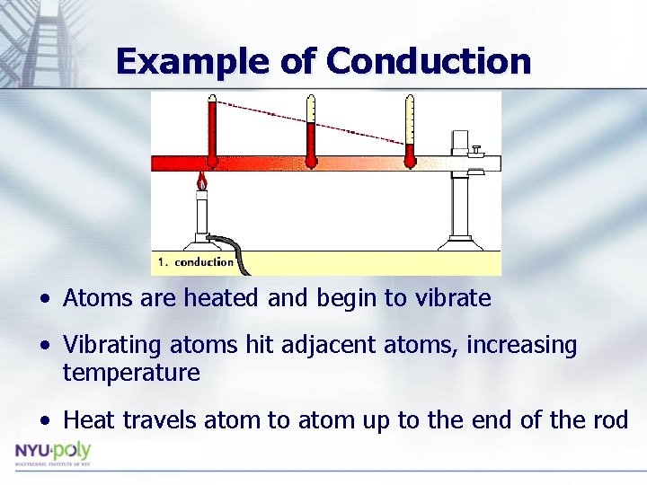 Example of Conduction • Atoms are heated and begin to vibrate • Vibrating atoms