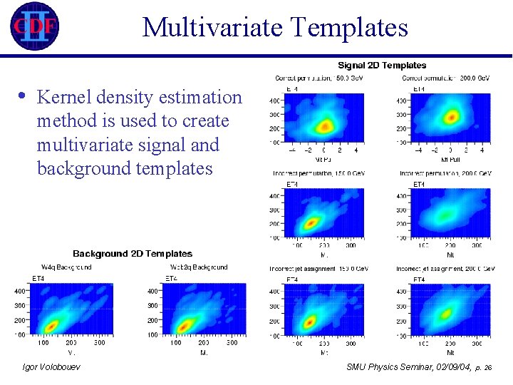 Multivariate Templates • Kernel density estimation method is used to create multivariate signal and