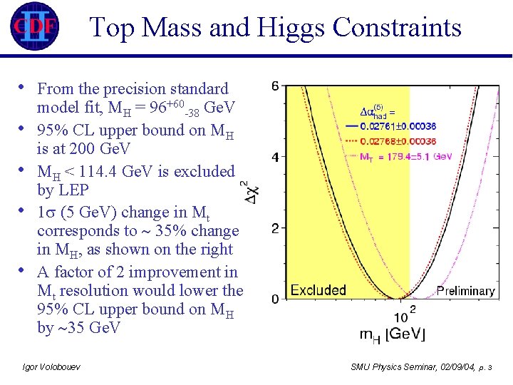 Top Mass and Higgs Constraints • • • From the precision standard model fit,
