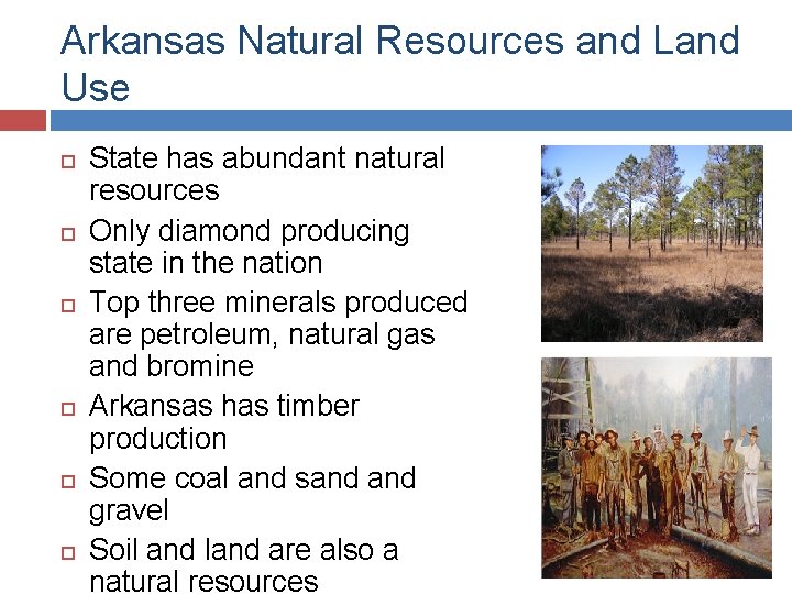 Arkansas Natural Resources and Land Use State has abundant natural resources Only diamond producing