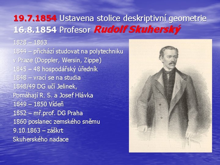 19. 7. 1854 Ustavena stolice deskriptivní geometrie 16. 8. 1854 Profesor Rudolf Skuherský 1828
