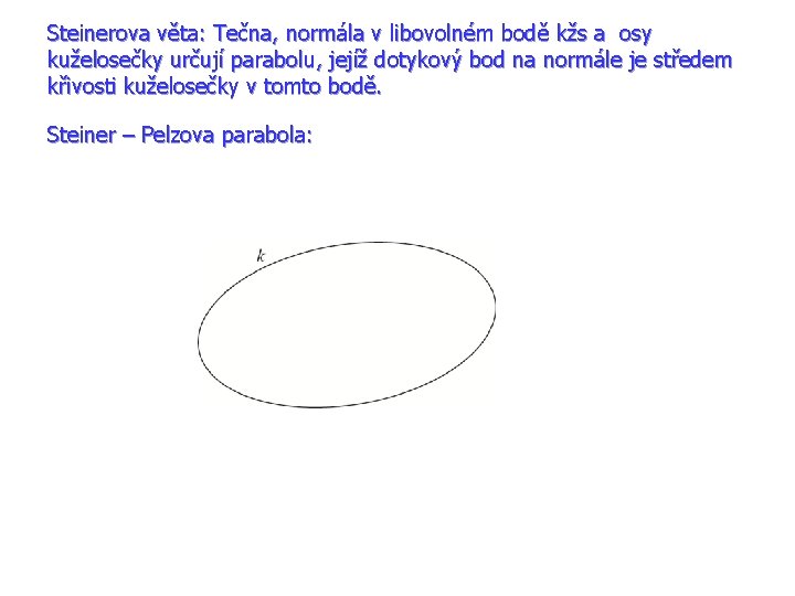 Steinerova věta: Tečna, normála v libovolném bodě kžs a osy kuželosečky určují parabolu, jejíž