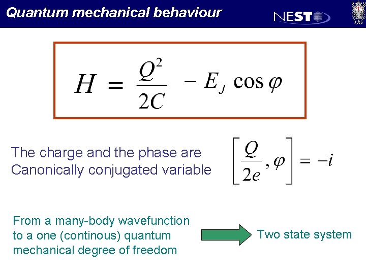 Quantum mechanical behaviour The charge and the phase are Canonically conjugated variable From a