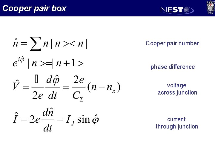 Cooper pair box Cooper pair number, phase difference voltage across junction current through junction