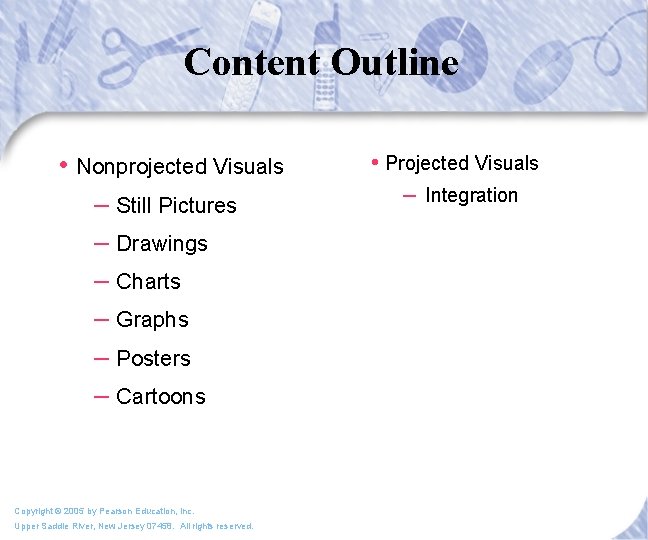 Content Outline • Nonprojected Visuals – Still Pictures – Drawings – Charts – Graphs