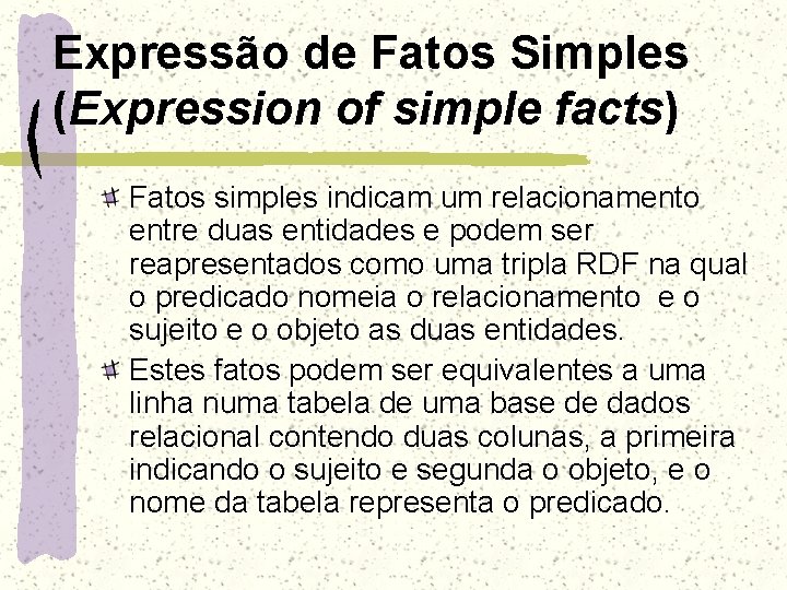 Expressão de Fatos Simples (Expression of simple facts) Fatos simples indicam um relacionamento entre