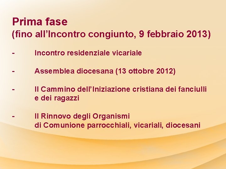 Prima fase (fino all’Incontro congiunto, 9 febbraio 2013) - Incontro residenziale vicariale - Assemblea