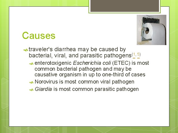 Causes traveler's diarrhea may be caused by bacterial, viral, and parasitic pathogens(1, 5) enterotoxigenic
