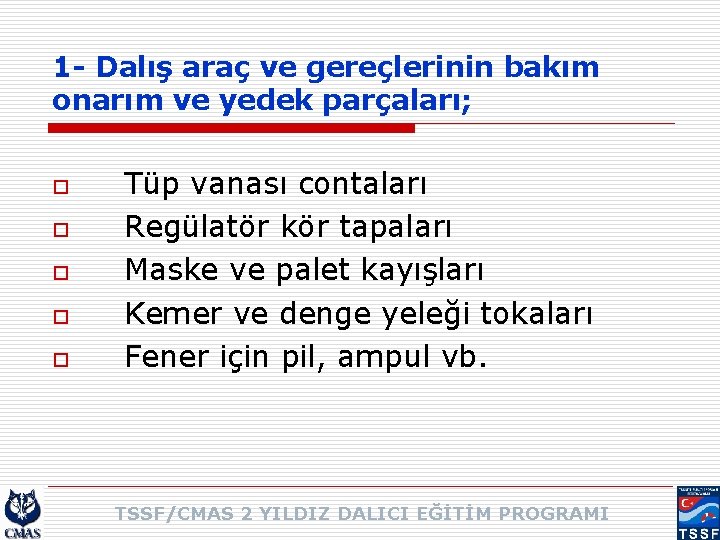 1 - Dalış araç ve gereçlerinin bakım onarım ve yedek parçaları; o o o