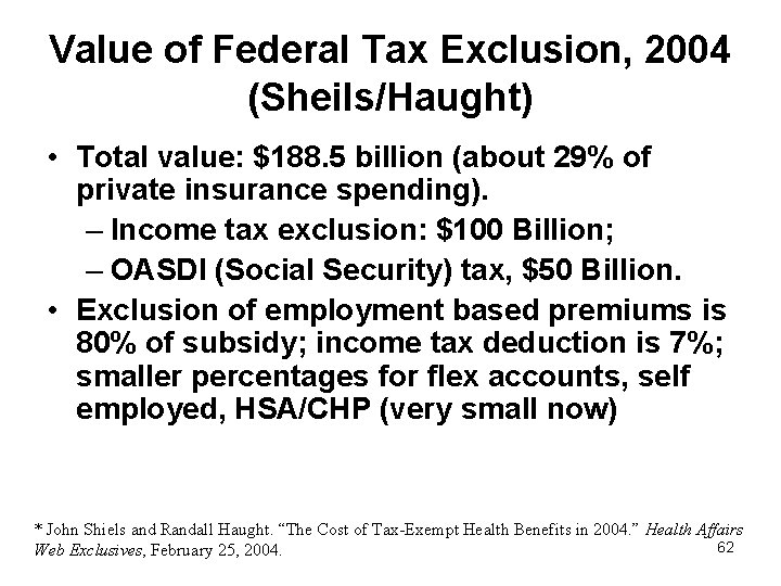 Value of Federal Tax Exclusion, 2004 (Sheils/Haught) • Total value: $188. 5 billion (about