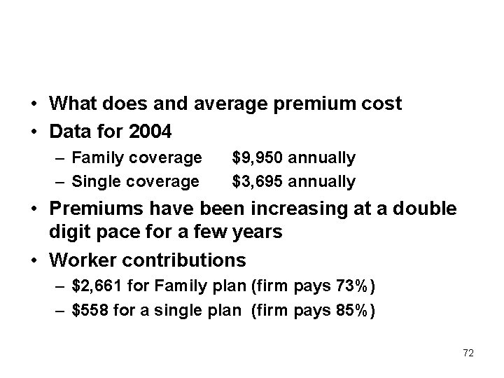  • What does and average premium cost • Data for 2004 – Family