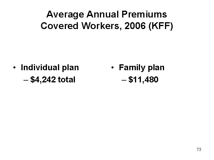 Average Annual Premiums Covered Workers, 2006 (KFF) • Individual plan – $4, 242 total